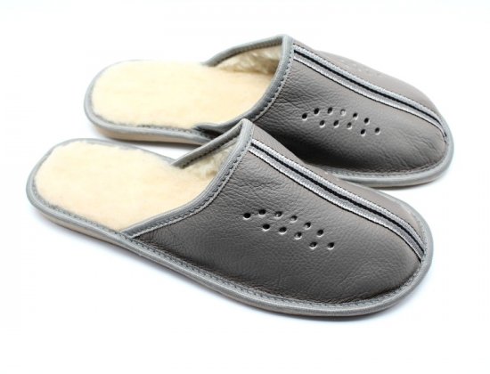 Kožené pantofle UNI zateplené Niki vlna šedé (černé) - velikost: 45