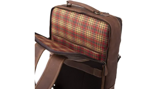 Kožený batoh na notebook UNISEX 28278 hnědý - kostkovaná podšívka Kožený batoh na notebook UNISEX 28278 hnědý - kostkovaná podšívka