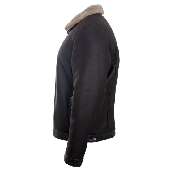 Pánská kožešinová bunda Viktor - tm. hnědá/béžový beránek - pohled z boku