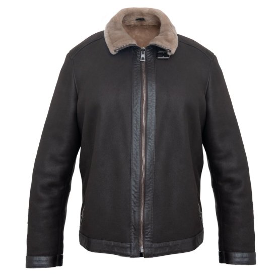 Pánská kožešinová bunda Viktor - tm. hnědá/béžový beránek - přední strana