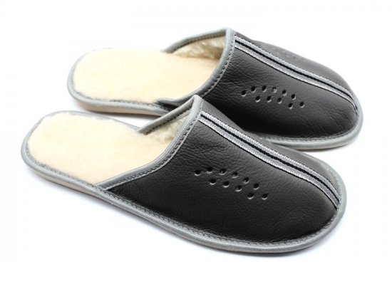 Kožené pantofle UNI zateplené Niki vlna šedé (černé) - velikost: 43