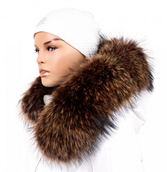 Fur trim on the hood - raccoon collar, snowtop highlights, brown - beige M 33/2 (70 cm)